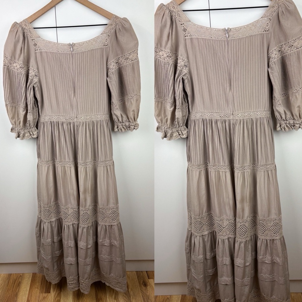 Hunter Bell Evelyn Dress Clay Silk Cotton Midi Square Neck Puff Sleeve Taupe 8 - Picture 3 of 9